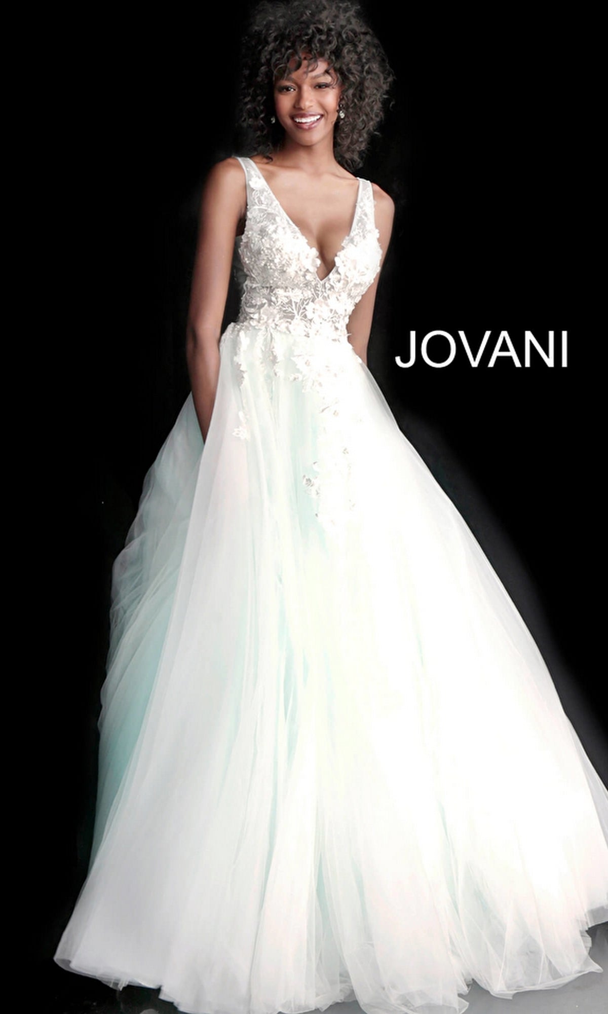 Jovani Tulle Prom Ball Gown with Floral Appliques
