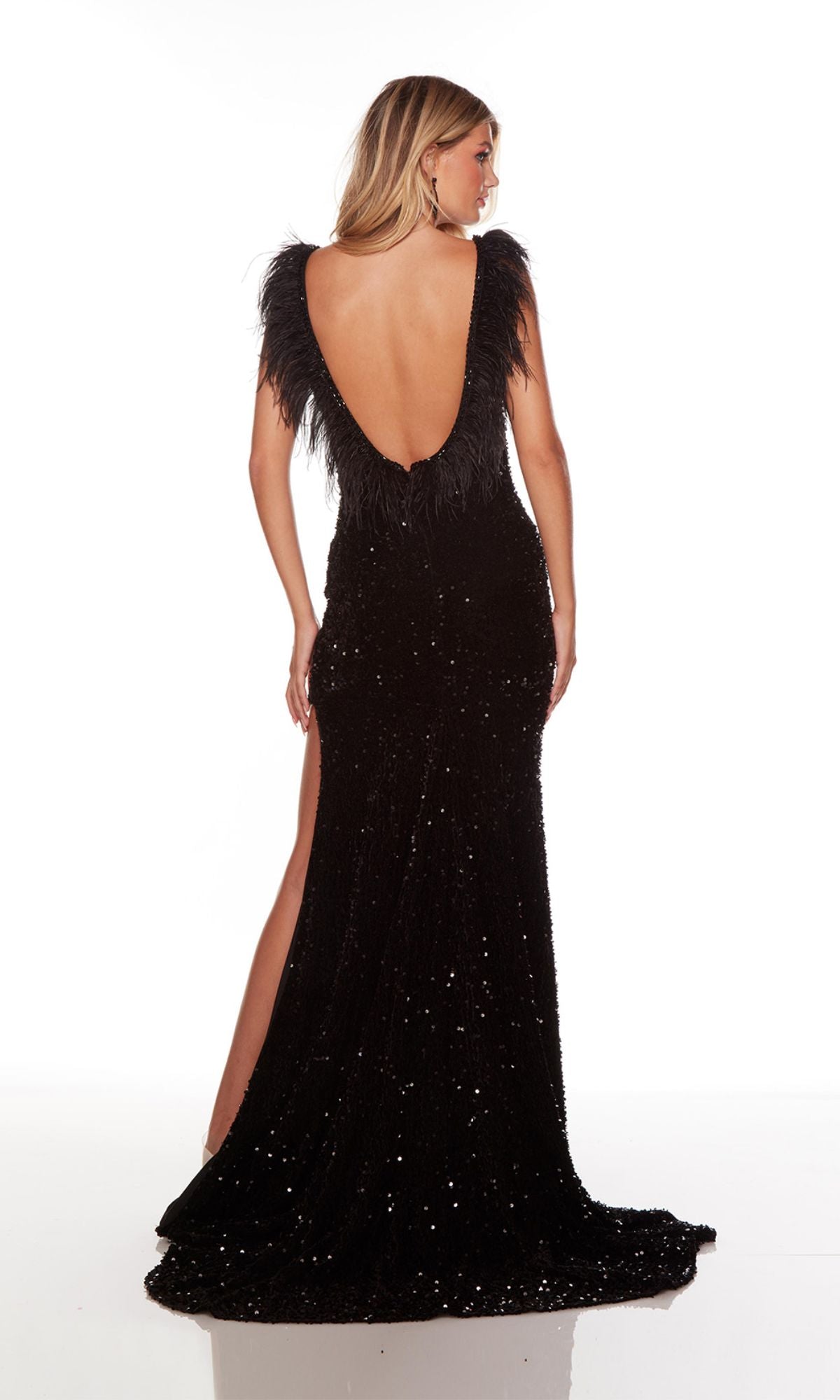 Sequin-Velvet Long Black Prom Dress with Feathers