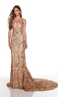 Alyce 61412 Strappy-Back Gold Sequin Prom Dress