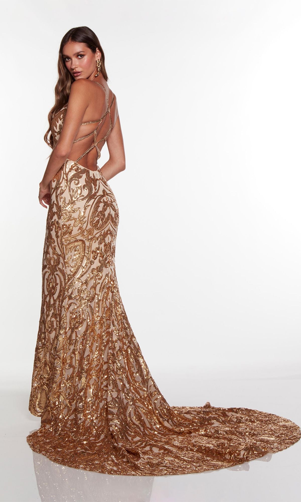 Strappy Back Alyce Gold Sequin Prom Dress PromGirl