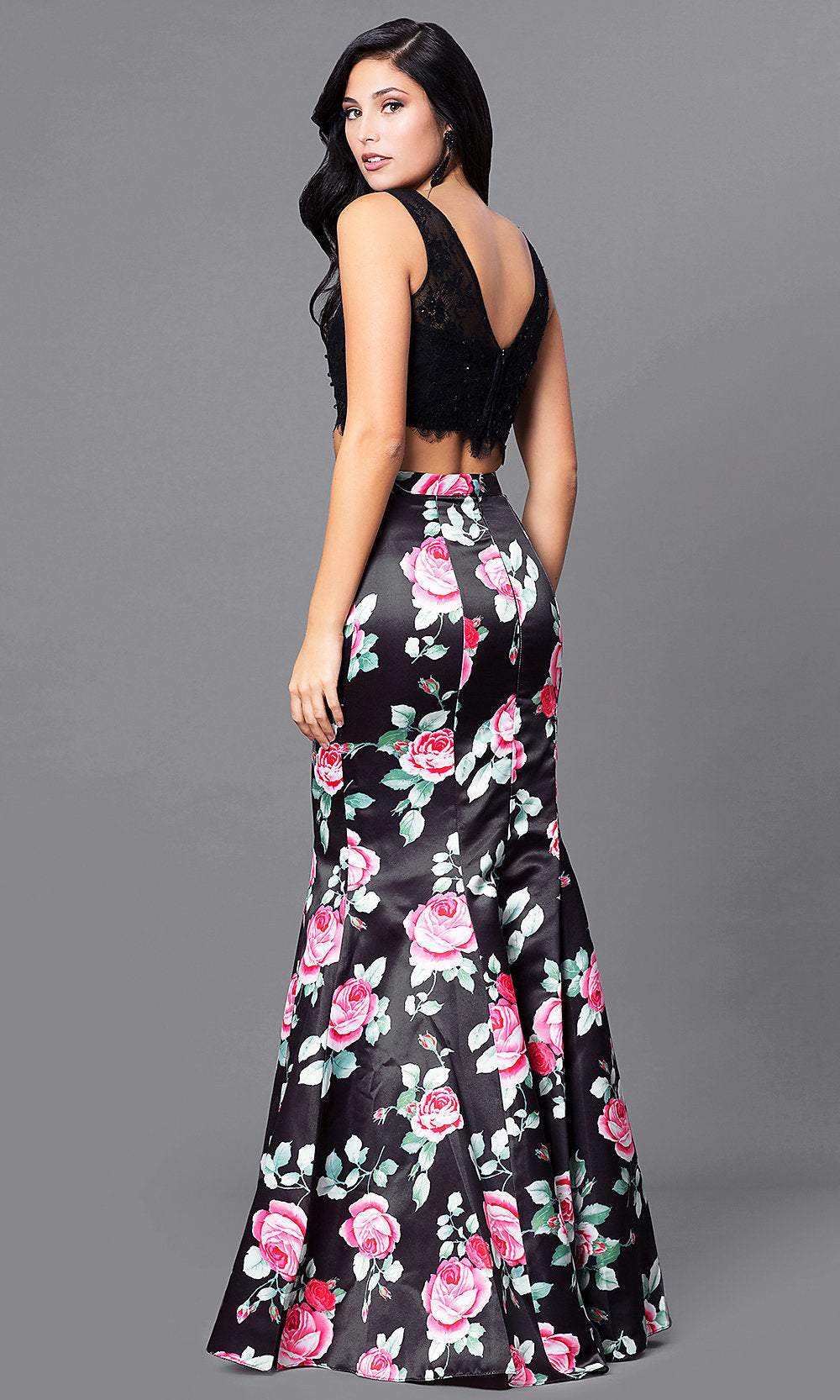 Floral-Print Long Two-Piece Prom Dress - PromGirl