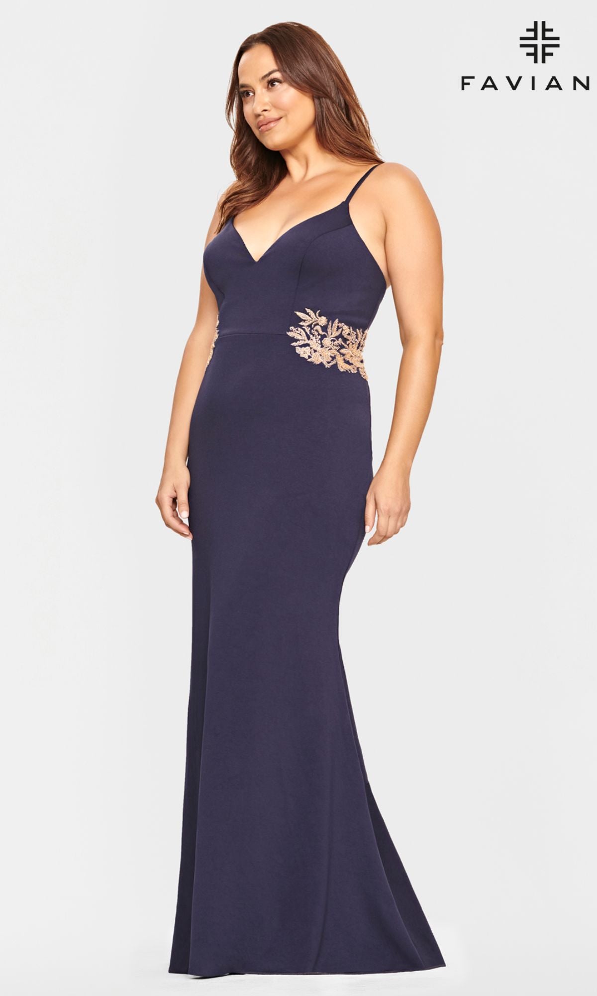 Gold Embroidered Plus Size Navy Prom Dress PromGirl