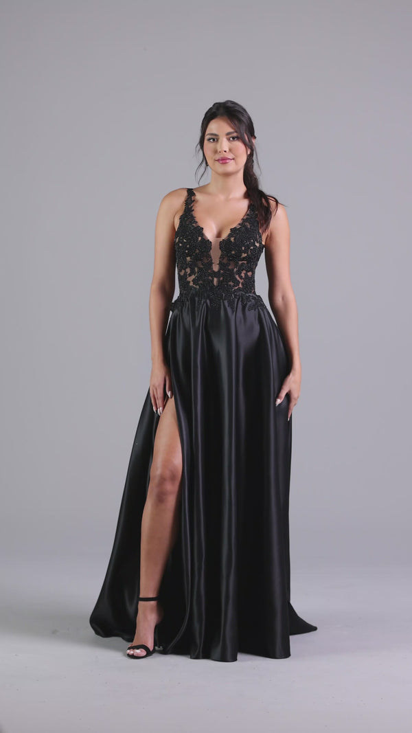 Lace Bodice Long Black A Line Prom Dress Promgirl