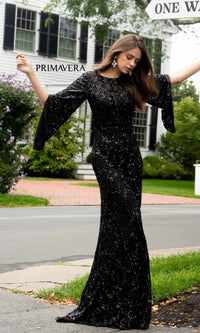 Long Bell Sleeve Beaded Evening Gown 9713