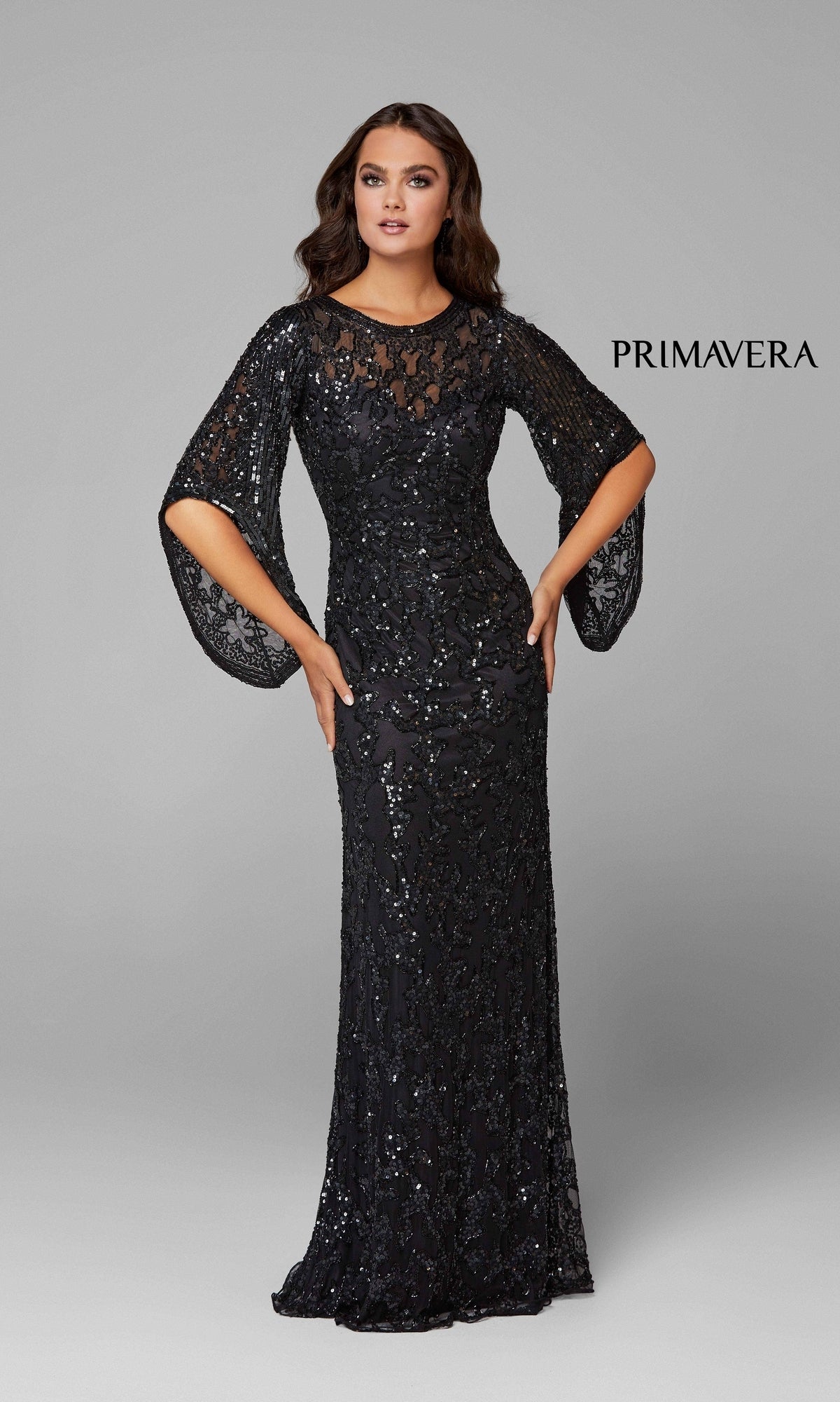 Long Bell Sleeve Beaded Evening Gown 9713