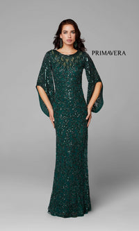 Long Bell Sleeve Beaded Evening Gown 9713