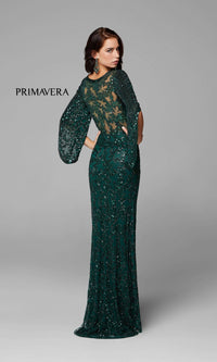 Long Bell Sleeve Beaded Evening Gown 9713