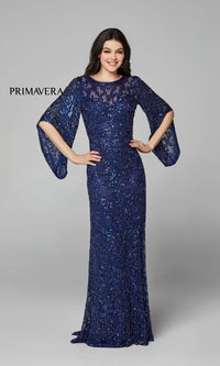 Long Bell Sleeve Beaded Evening Gown 9713