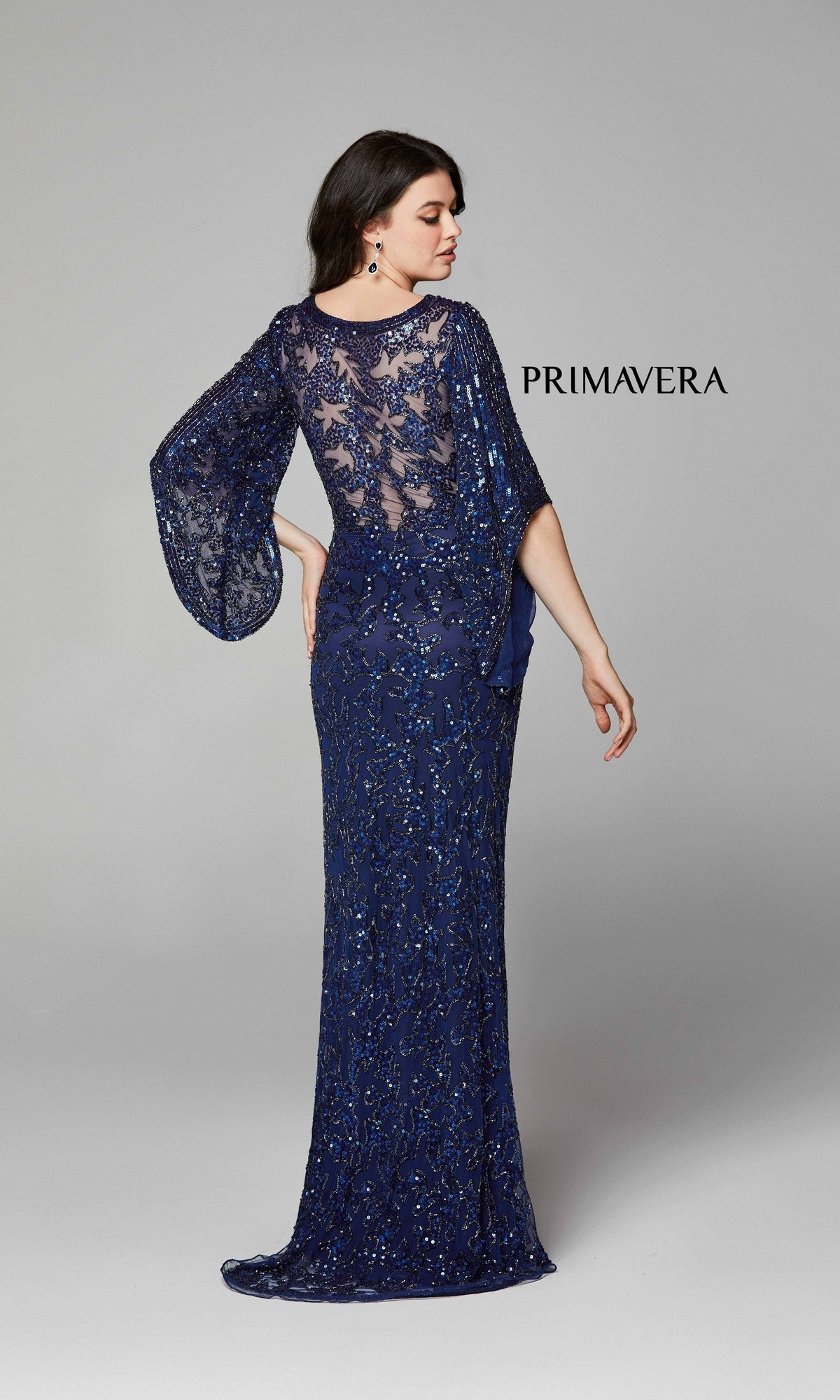 Long Bell Sleeve Beaded Evening Gown 9713