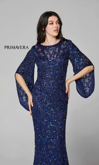 Long Bell Sleeve Beaded Evening Gown 9713