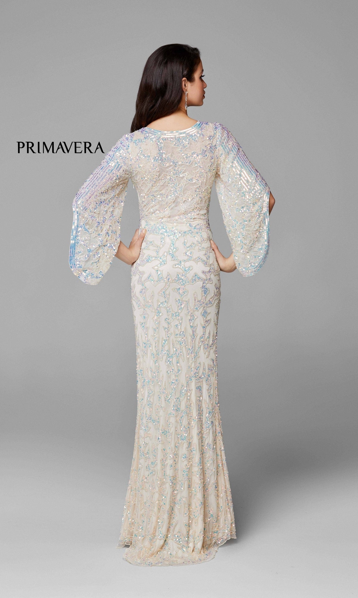 Long Bell Sleeve Beaded Evening Gown 9713