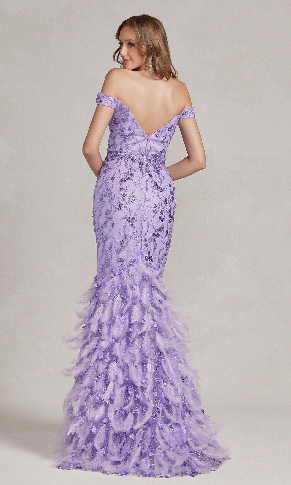 Off-Shoulder Glitter Prom Dress with Feather Skirt