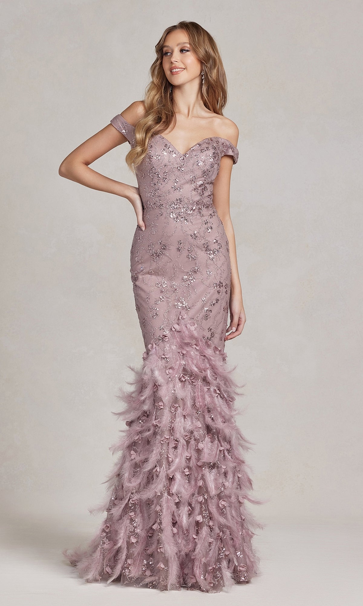 Off-Shoulder Glitter Prom Dress with Feather Skirt