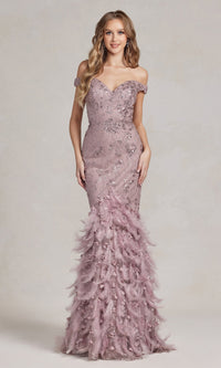 Off-Shoulder Glitter Prom Dress with Feather Skirt