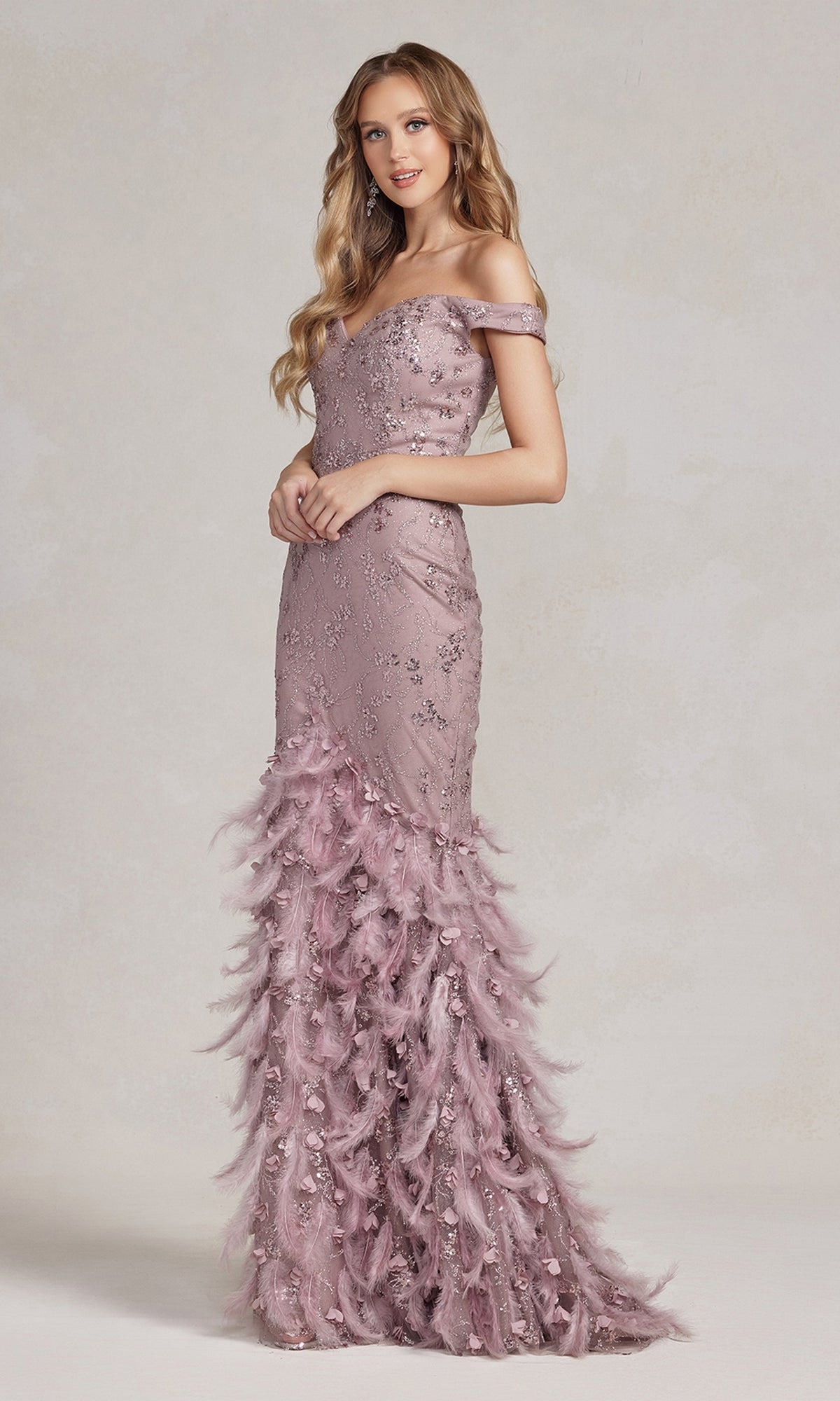 Off-Shoulder Glitter Prom Dress with Feather Skirt