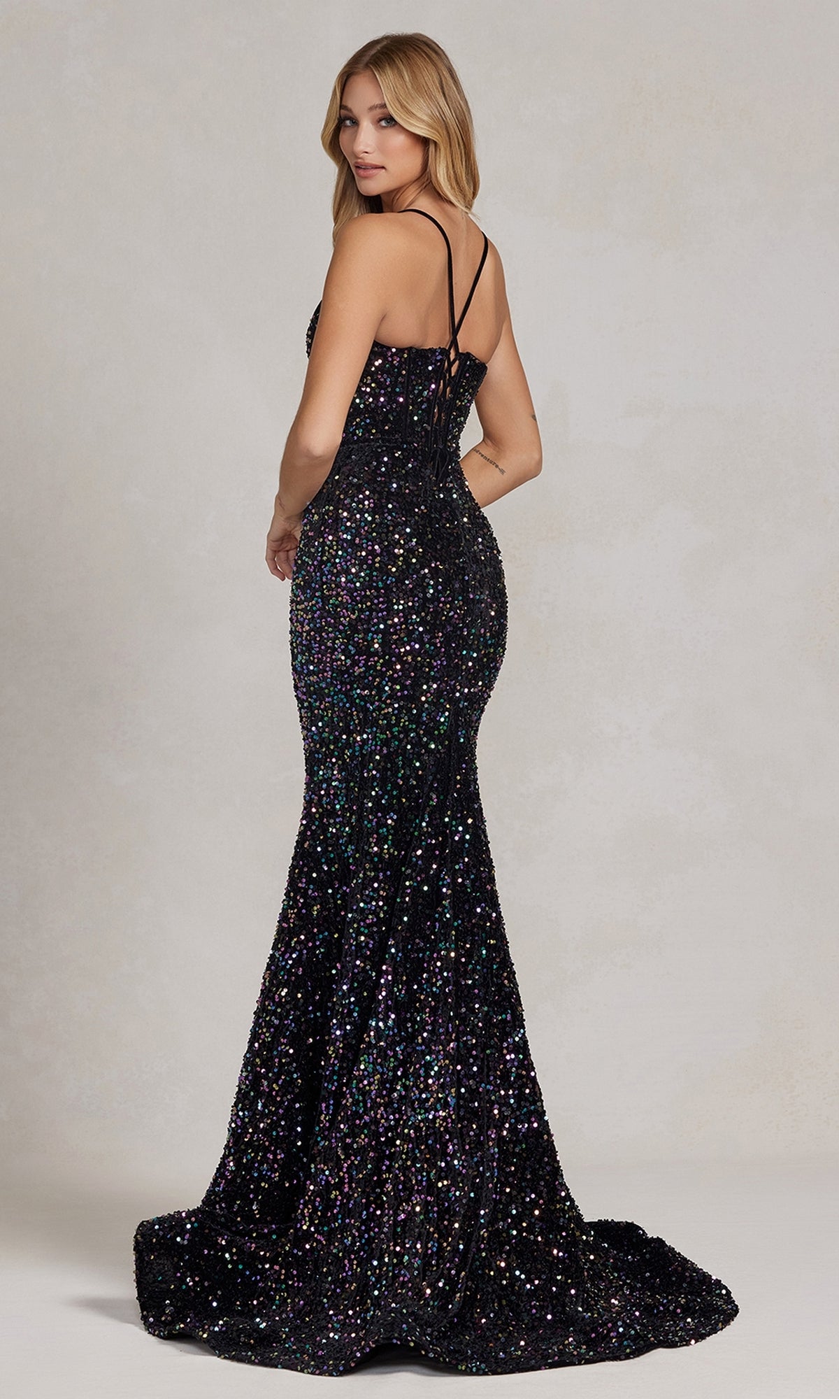 Long Sequin Prom Dress with Lace-Up Back