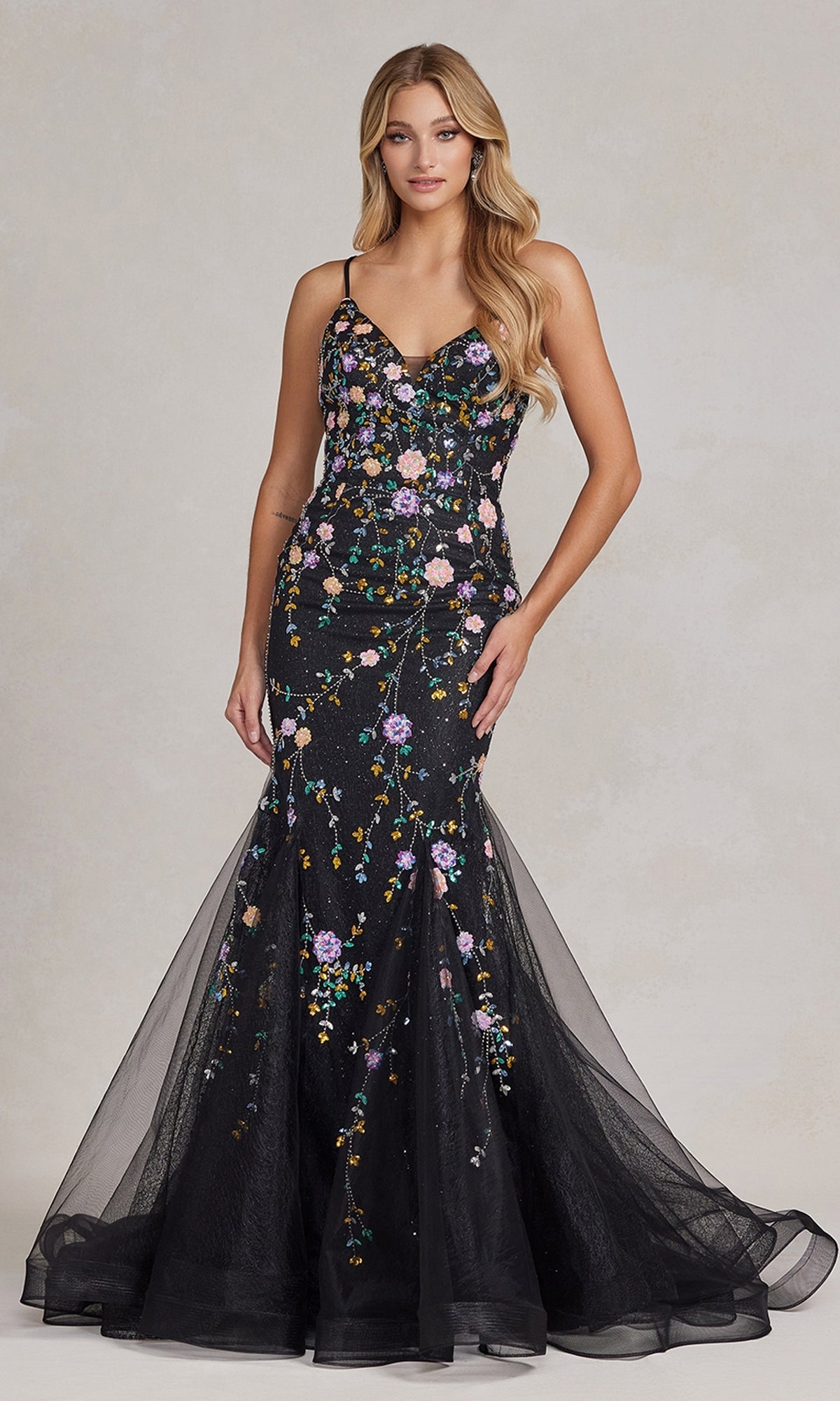 Floral Sequin Print Mermaid Prom Dress PromGirl