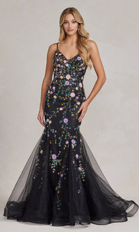 V-Neck Mermaid Prom Dress with Floral Sequin Print