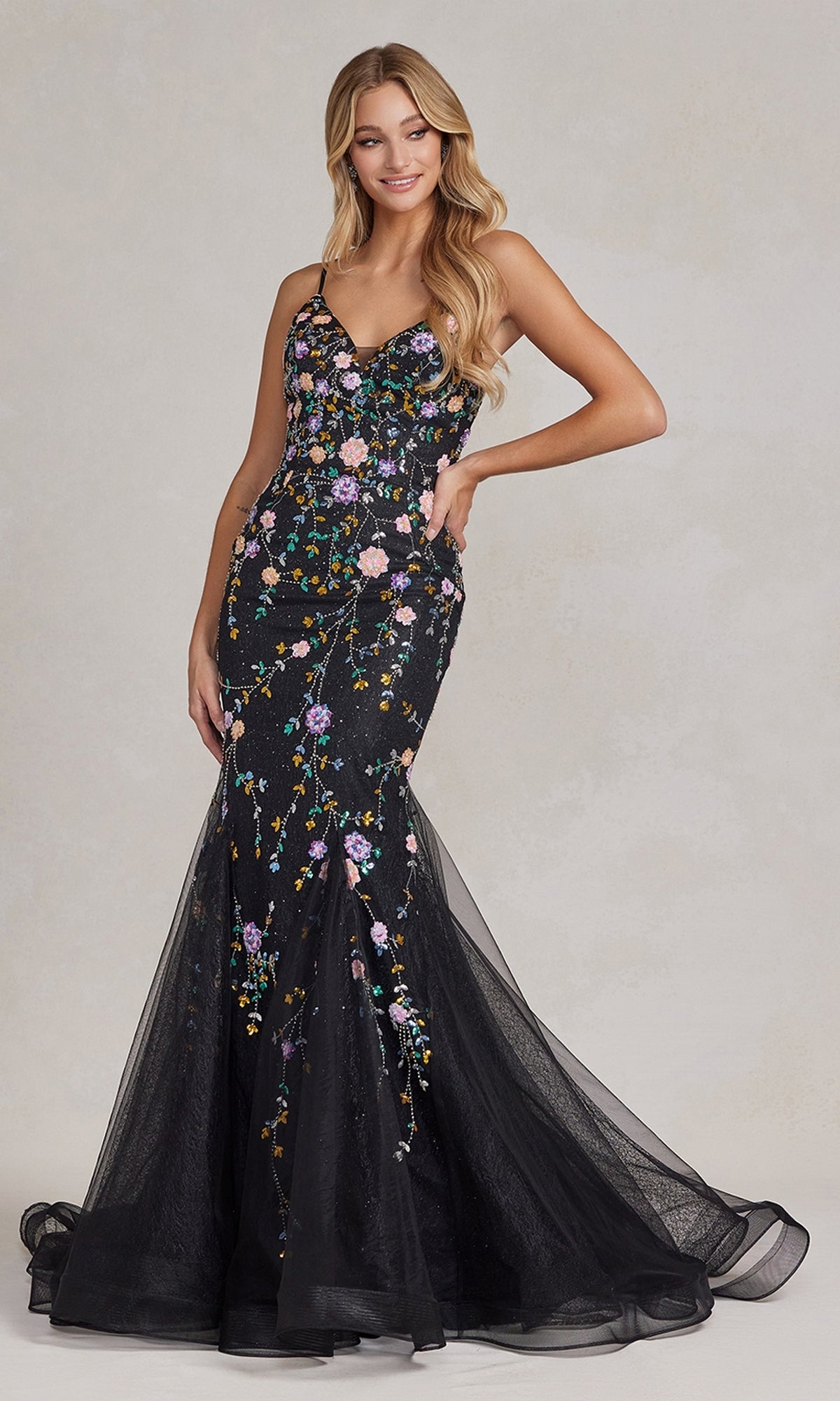 V-Neck Mermaid Prom Dress with Floral Sequin Print