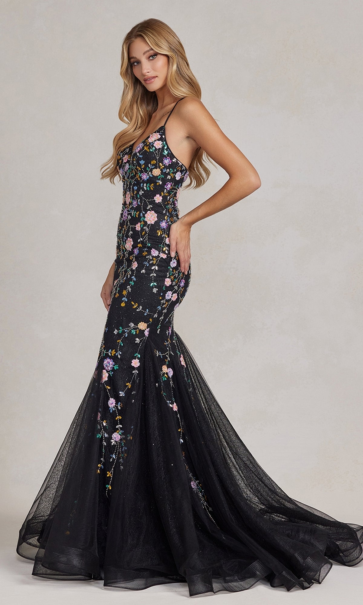 V-Neck Mermaid Prom Dress with Floral Sequin Print