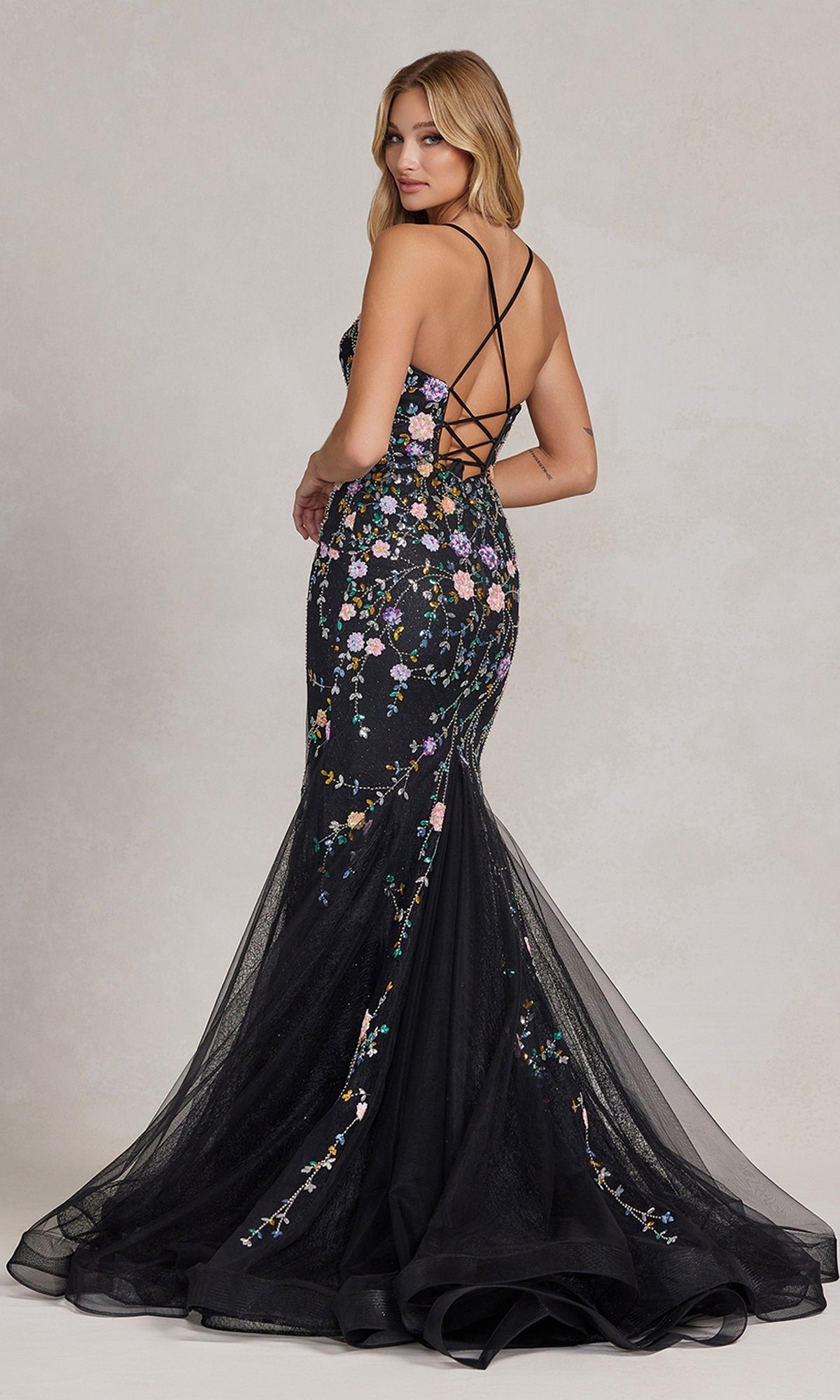 V-Neck Mermaid Prom Dress with Floral Sequin Print