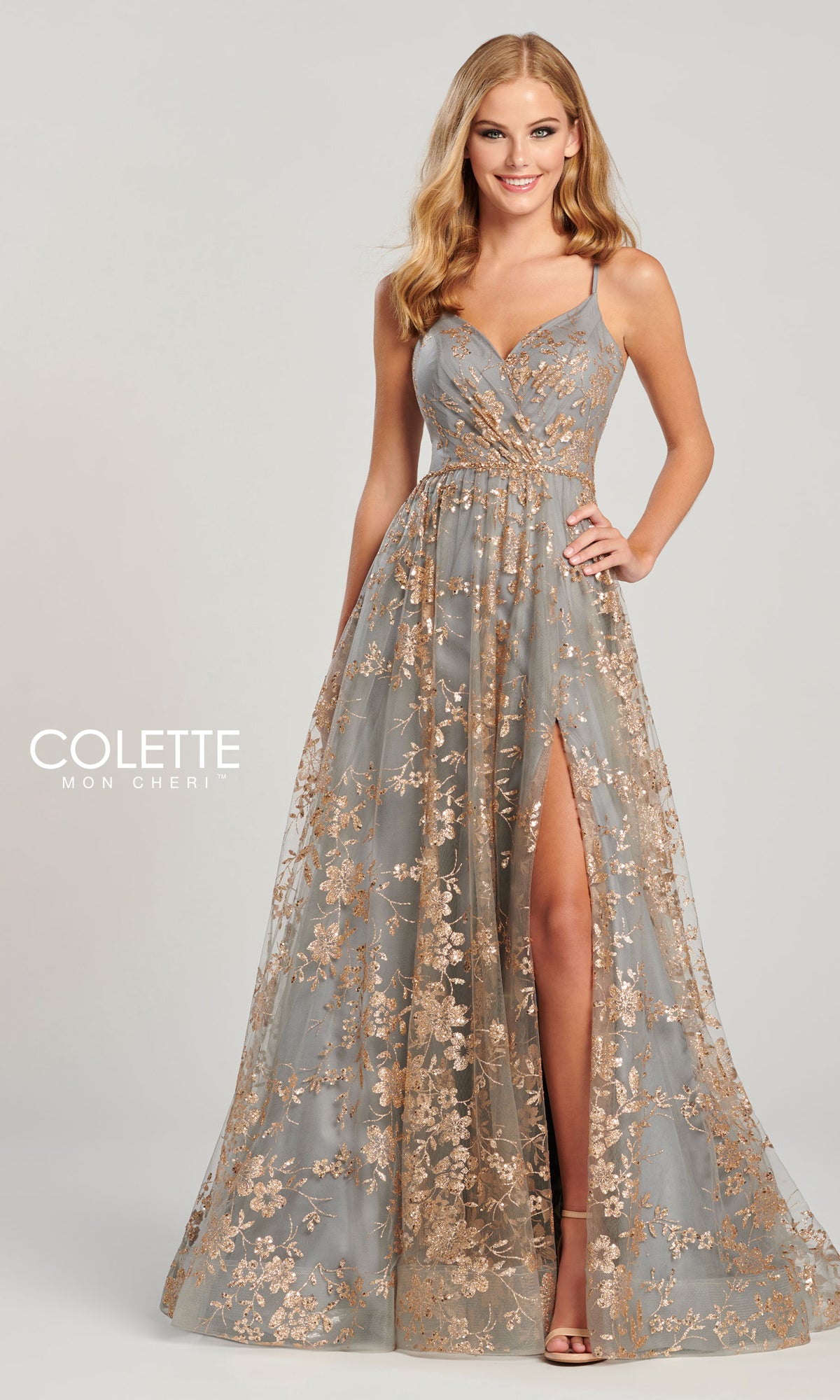 Colette Gold and Pewter Long Prom Dress CL12006