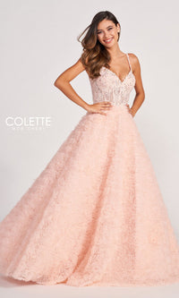 Colette Sheer-Bodice Rosette Beaded Lace Ball Gown