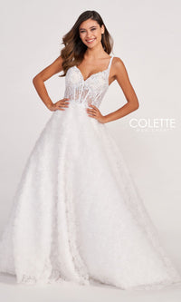 Colette Sheer-Bodice Rosette Beaded Lace Ball Gown