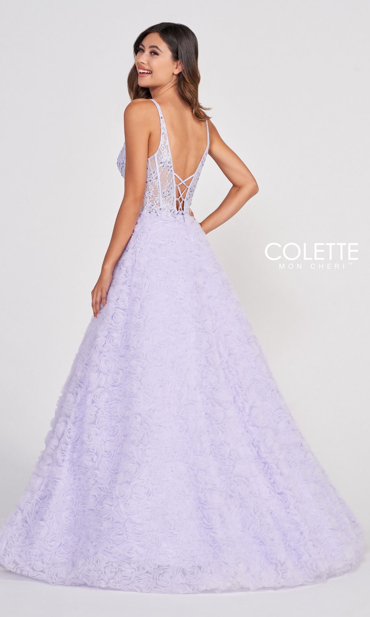 Colette Sheer-Bodice Rosette Beaded Lace Ball Gown