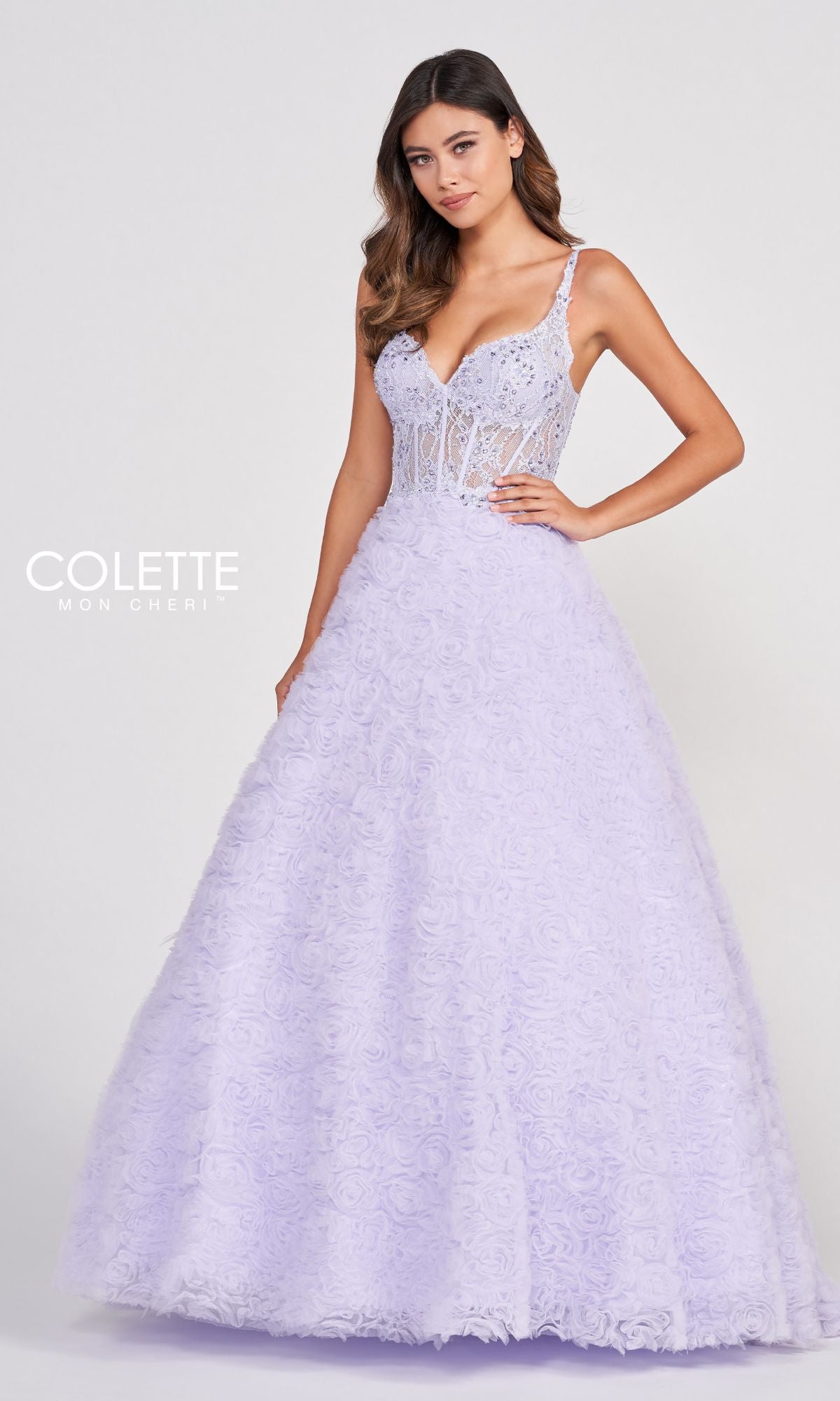 Colette Sheer-Bodice Rosette Beaded Lace Ball Gown