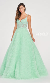 Colette Sheer-Bodice Rosette Beaded Lace Ball Gown