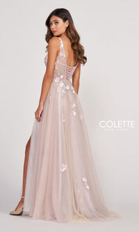 Colette Corset-Back Silver Tulle Long Prom Dress