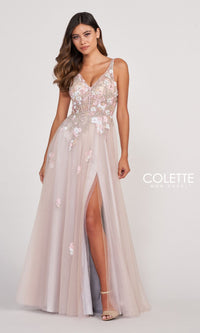 Colette Corset-Back Silver Tulle Long Prom Dress