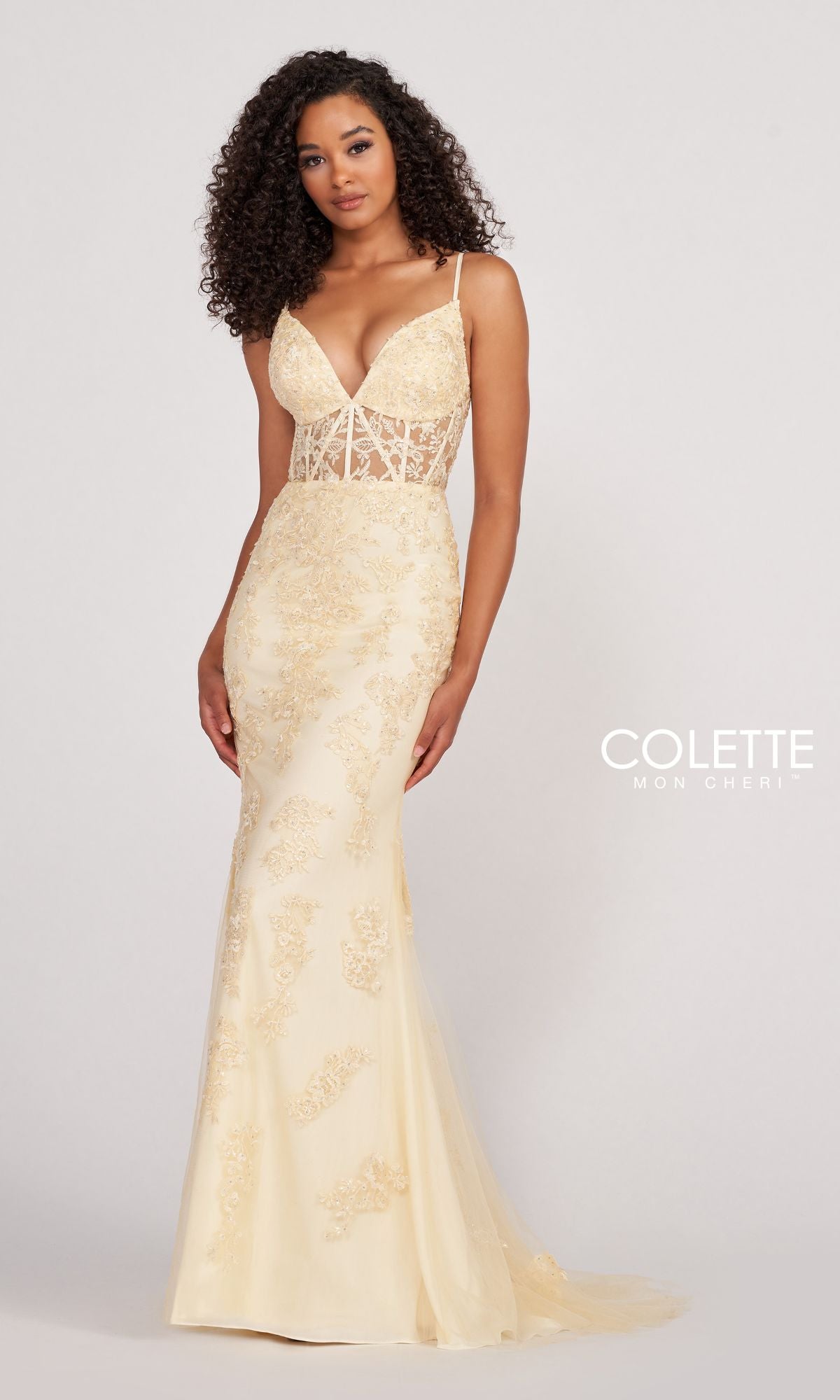 Colette Beaded-Lace Long Prom Dress with Corset