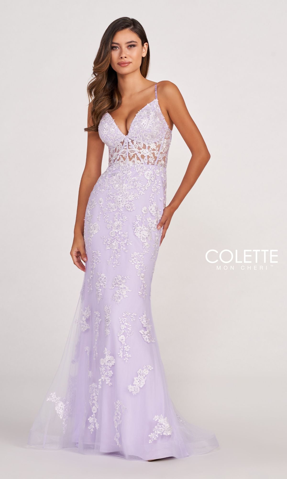 Colette Beaded-Lace Long Prom Dress with Corset