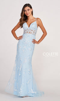 Colette Beaded-Lace Long Prom Dress with Corset