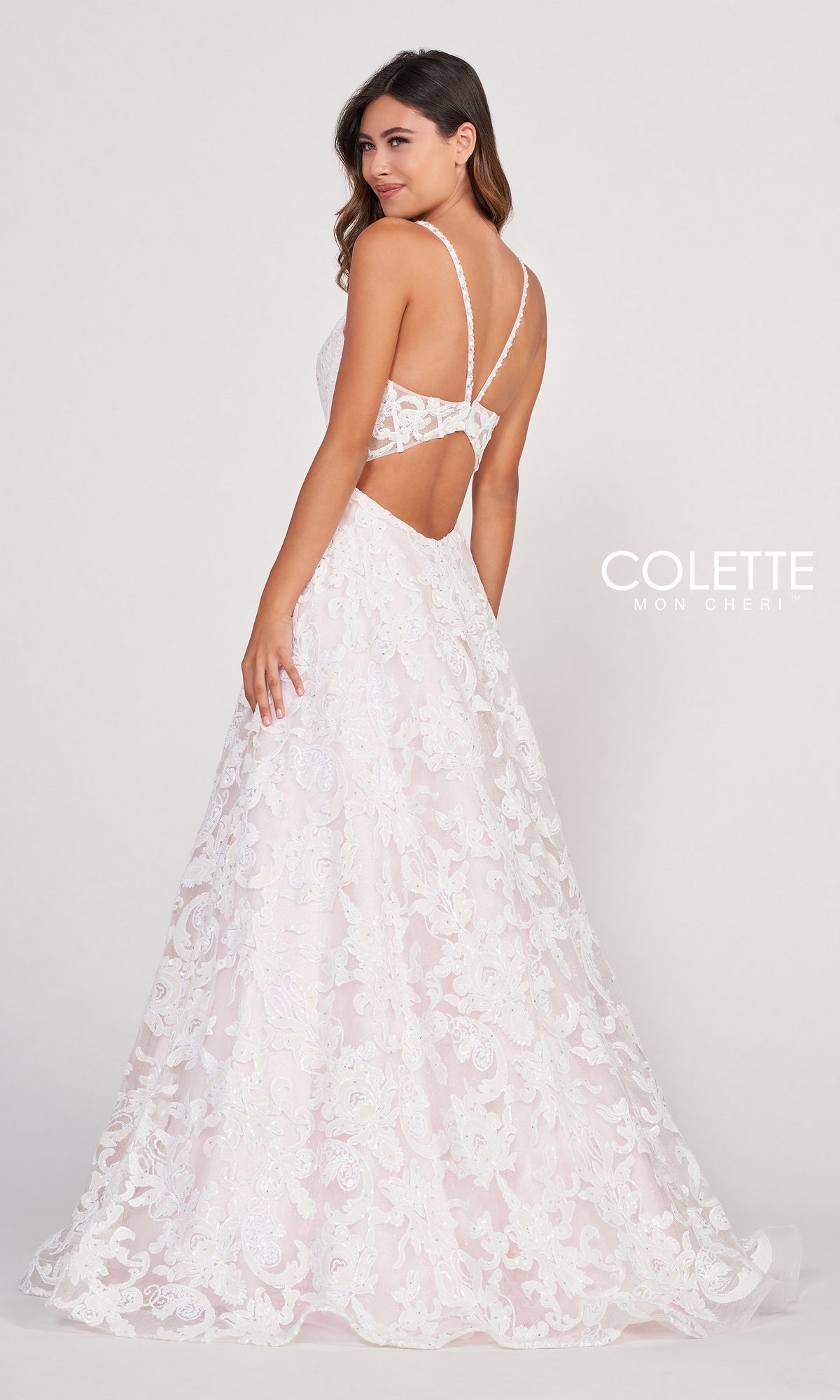 Pink and white outlet lace prom dress