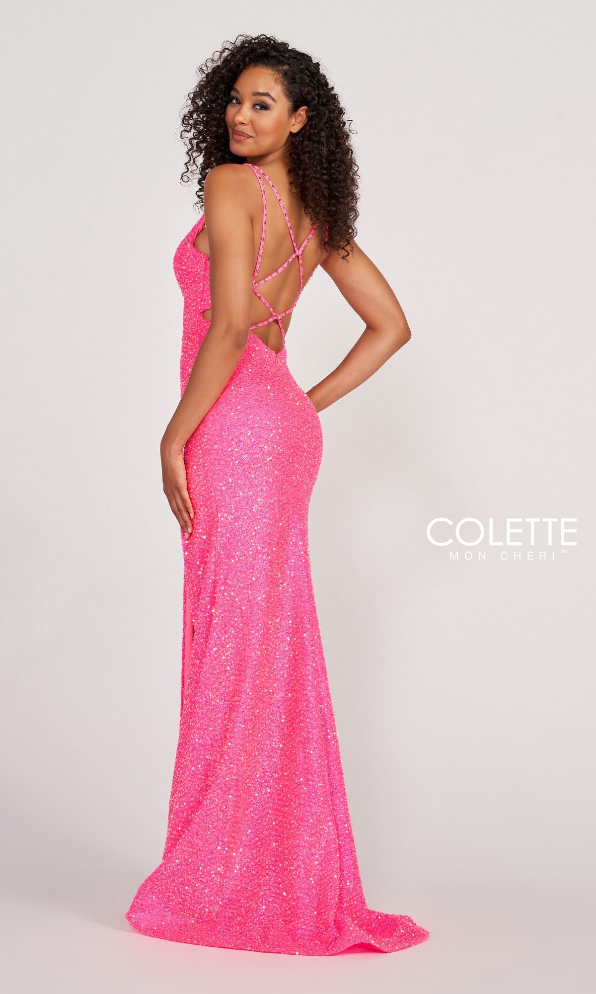 Colette CL2012 Stretch-Sequin Open-Back Prom Dress