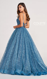 Colette CL2018 Deep V-Neck Glitter-Lace Ball Gown