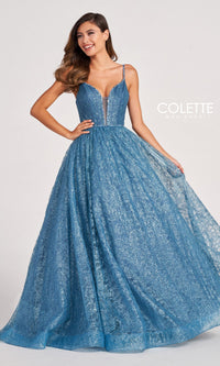 Colette CL2018 Deep V-Neck Glitter-Lace Ball Gown