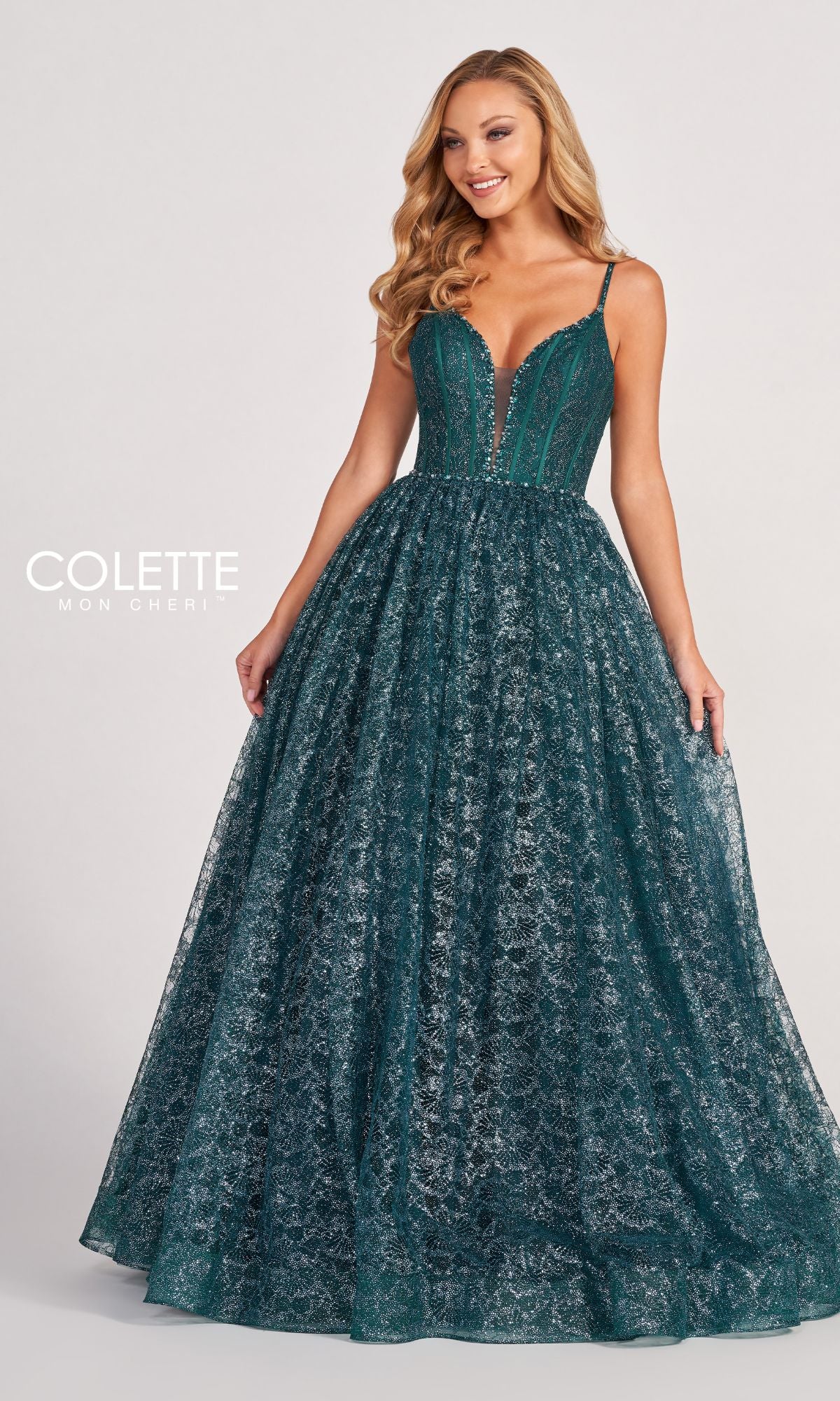 Colette CL2018 Deep V-Neck Glitter-Lace Ball Gown