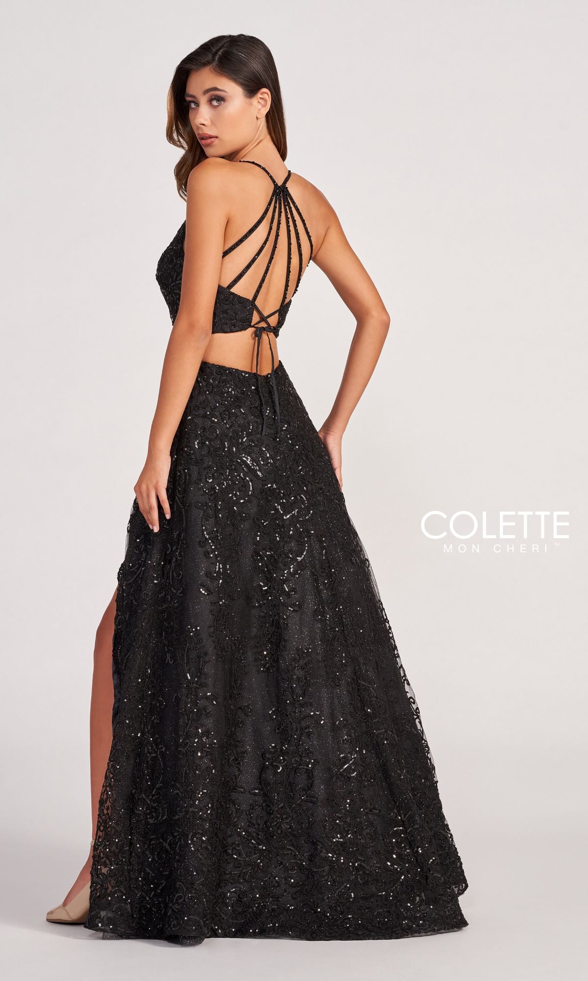 Colette CL2028 Strappy-Back Lace A-Line Prom Dress