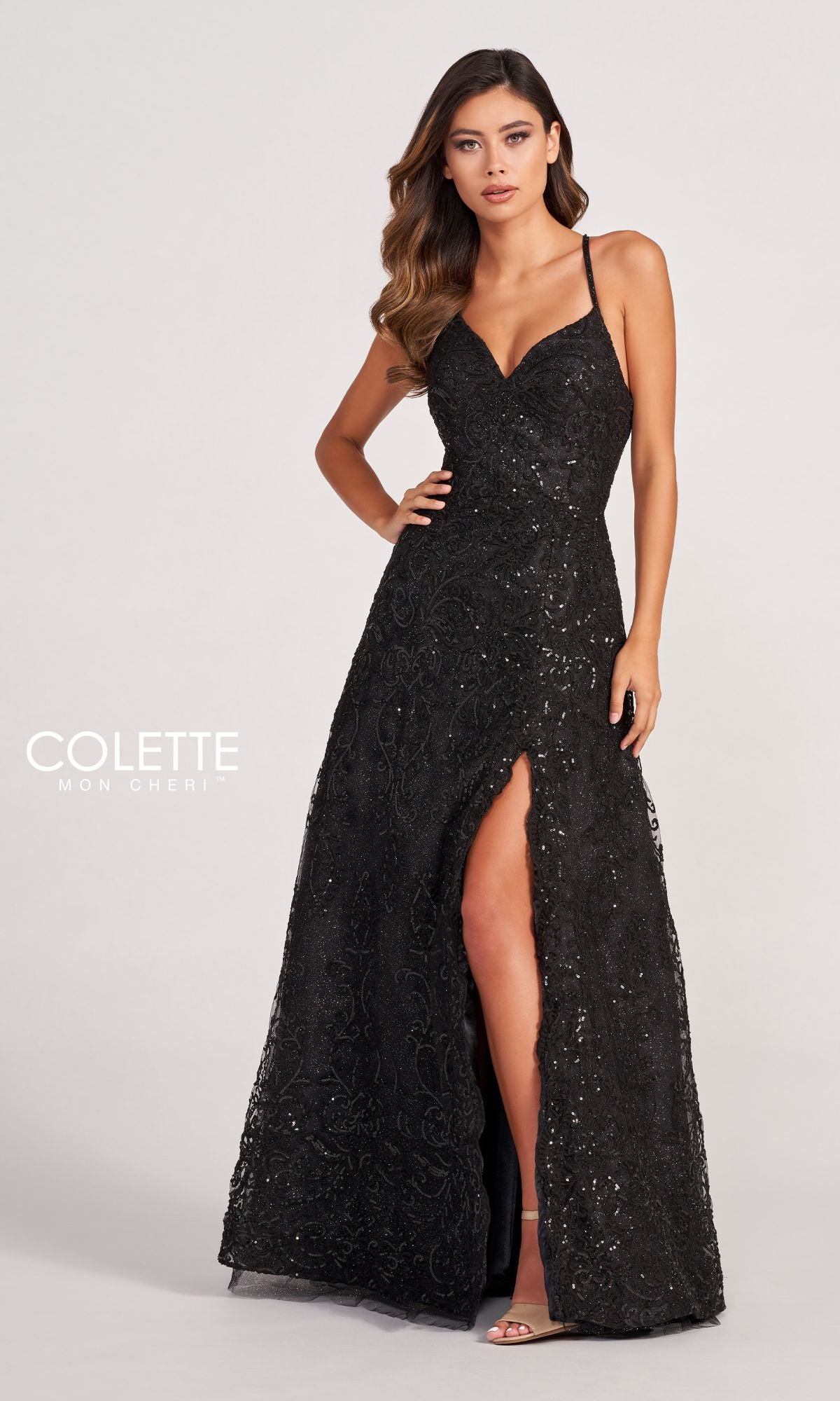 Colette CL2028 Strappy-Back Lace A-Line Prom Dress