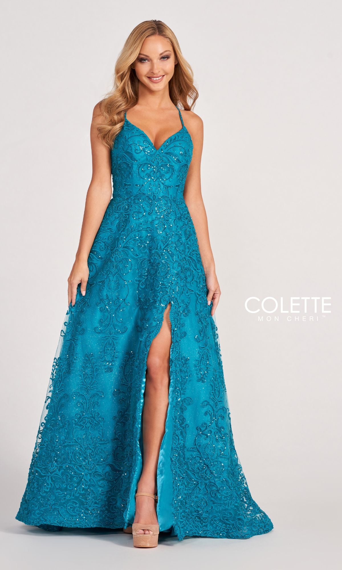 Colette CL2028 Strappy-Back Lace A-Line Prom Dress