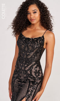 Colette CL2035 Sequin-Tulle Long Black Formal Dress