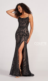 Colette CL2035 Sequin-Tulle Long Black Formal Dress