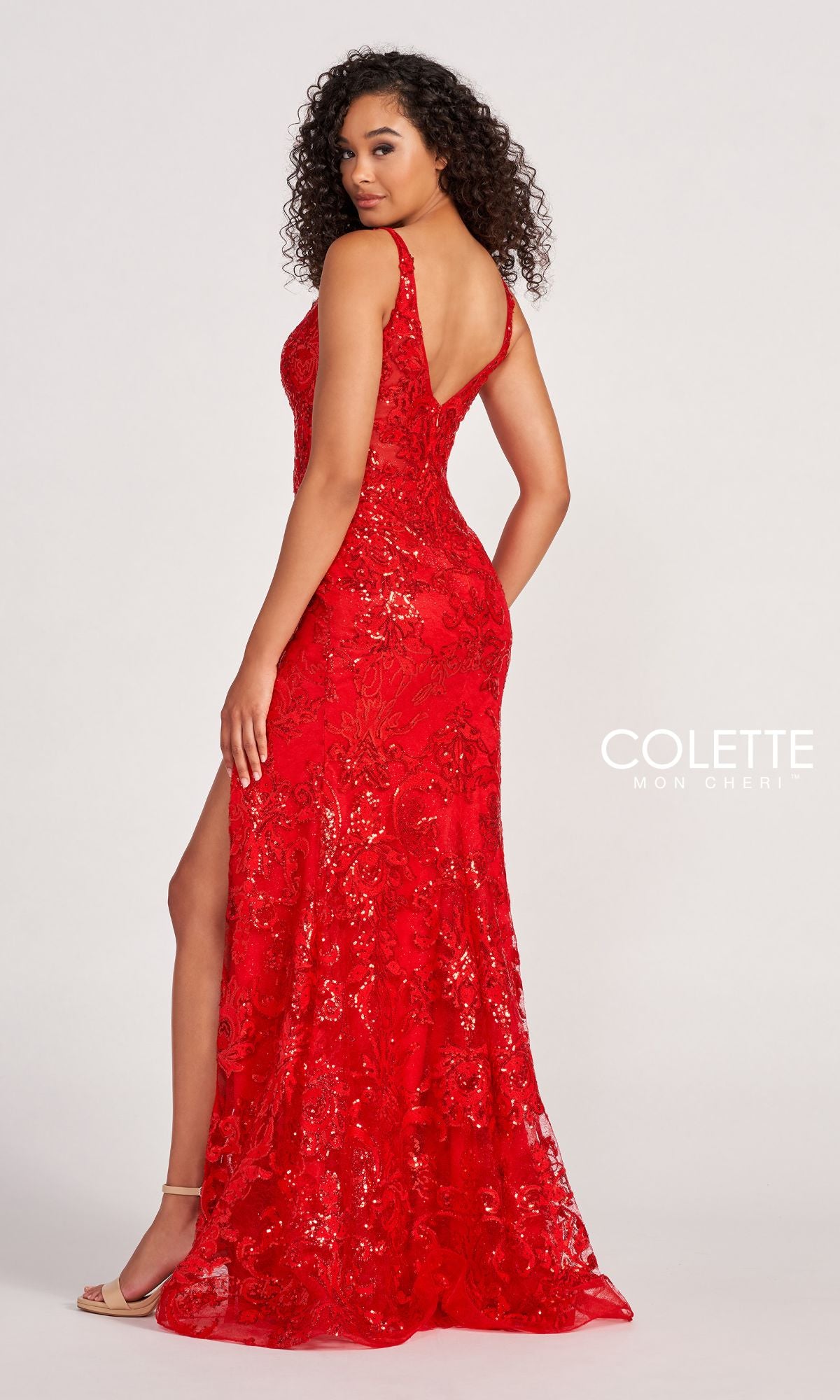 Colette CL2040 Sequin-Lace V-Neck Long Formal Gown