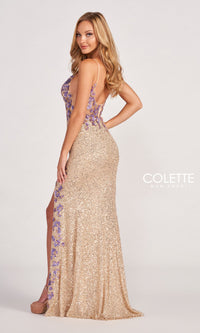 Colette CL2049 Stretch-Sequin Long Gold Prom Dress