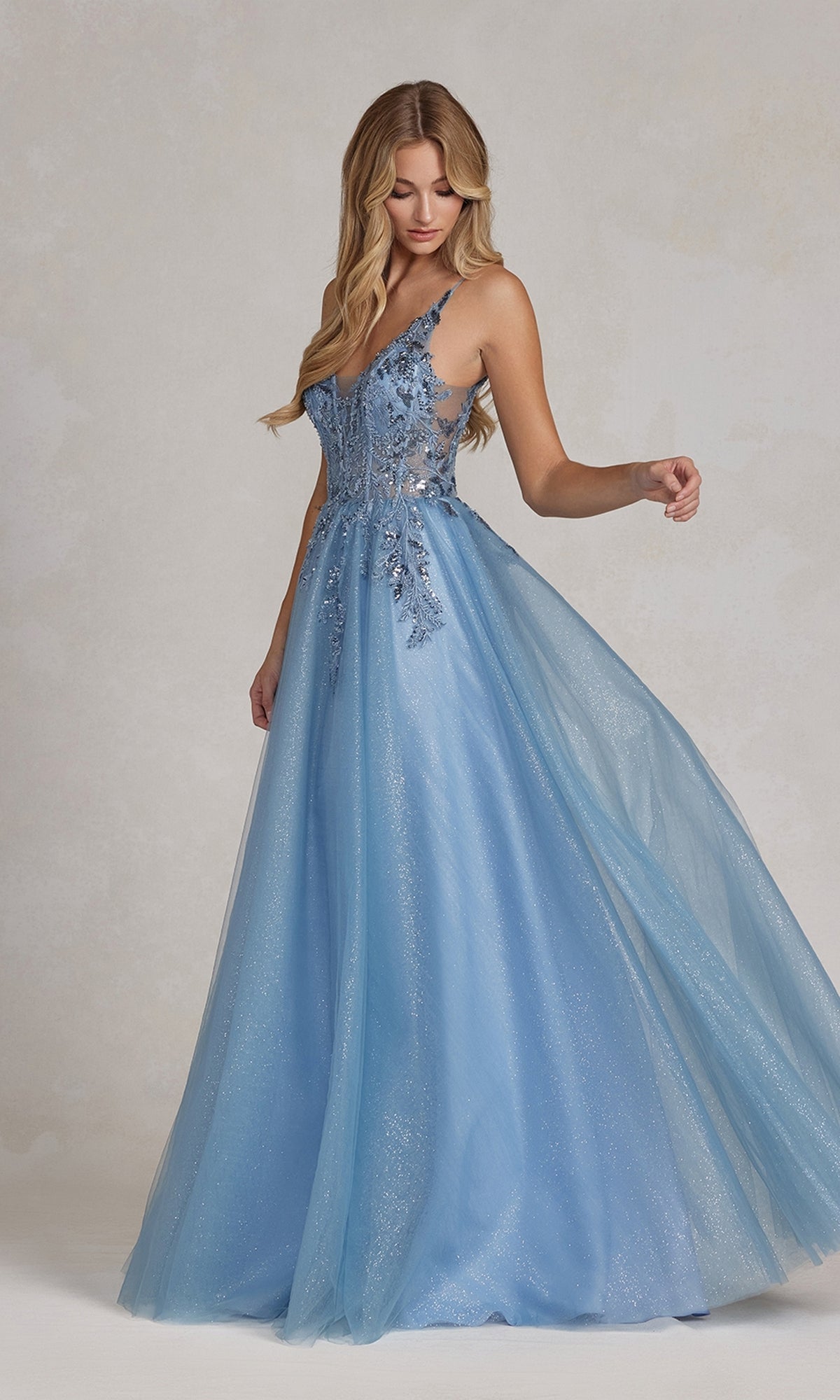 Dusty Blue Shimmer Prom Ball Gown