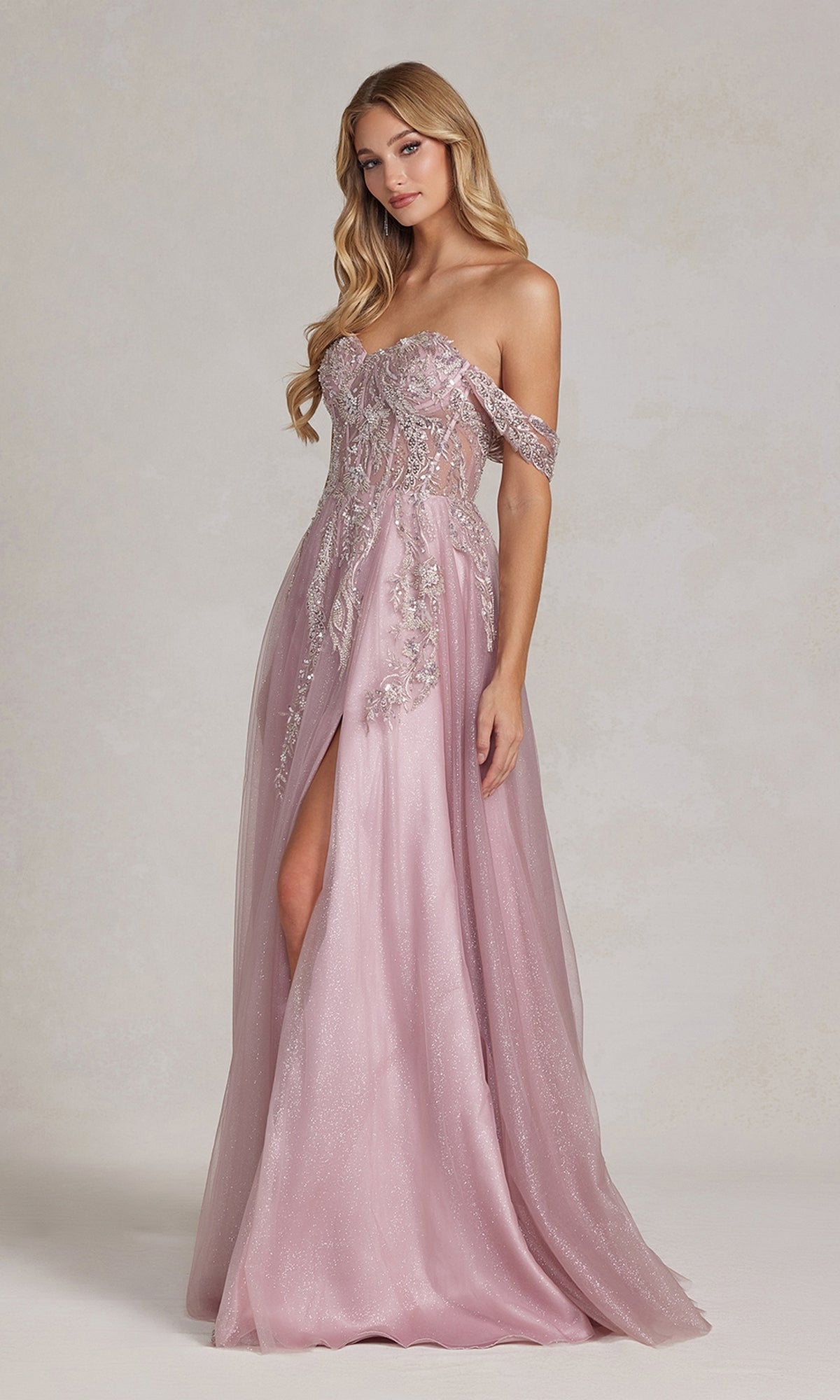 Off-the-Shoulder Rose Pink Prom Dress with Slit